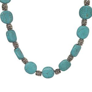 Vintage Turquoise Stone Boho Chunky Silver Bead Necklace